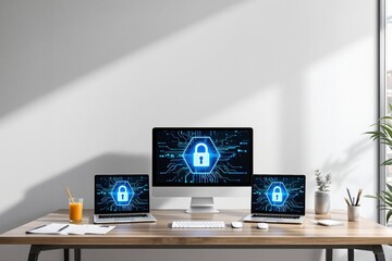 Poster - Cybersecurity concept with digital lock icons on computer screens in modern office.