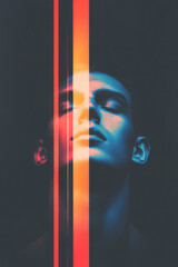 Poster - A surreal holographic head with classical features reconstructed from glitch trails and rainbow