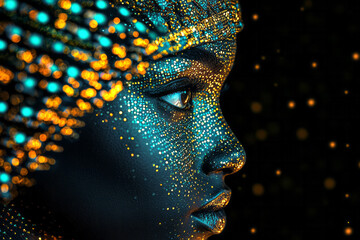 Aufkleber - A radiant digital artwork of an Egyptian goddess glowing in gold and turquoise, adorned with a