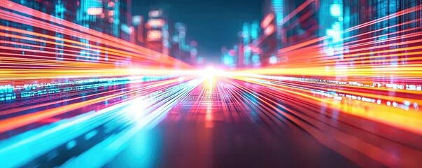 Poster - Motion blur city in a digital future with technology panorama concept. Futuristic cityscape with vibrant neon lights and motion blur.