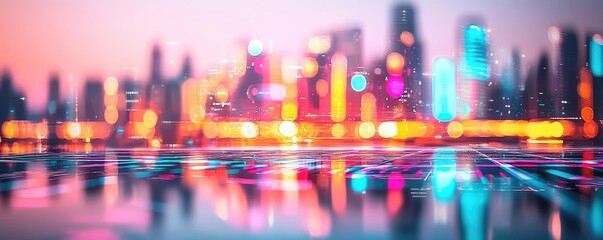Poster - Motion blur city in a digital future with technology panorama concept. Vibrant city skyline at night featuring colorful lights and reflections.
