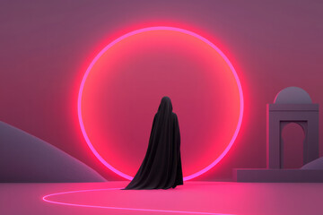 Aufkleber - A stylized neon render of an Egyptian goddess framed by arcs of light and ancient architectural
