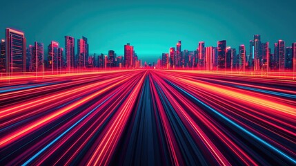 Poster - Motion blur city with futuristic panorama and cyberspace landscape concept. Futuristic cityscape with vibrant lights and dynamic motion.