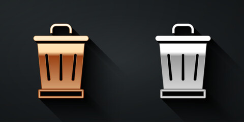 Poster - Gold and silver Trash can icon isolated on black background. Garbage bin sign. Recycle basket icon. Office trash icon. Long shadow style. Vector