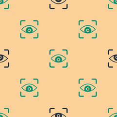 Poster - green and black eye scan icon isolated seamless pattern on beige background. scanning eye. security 