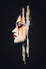 Aufkleber - A futuristic Egyptian goddess face sculpted in shimmering digital textures, dissolving into glitch