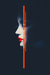 Poster - A futuristic Egyptian goddess face sculpted in shimmering digital textures, dissolving into glitch