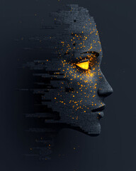 Aufkleber - A stylized Egyptian goddess face built from digital shards and radiant gold lines, breaking through
