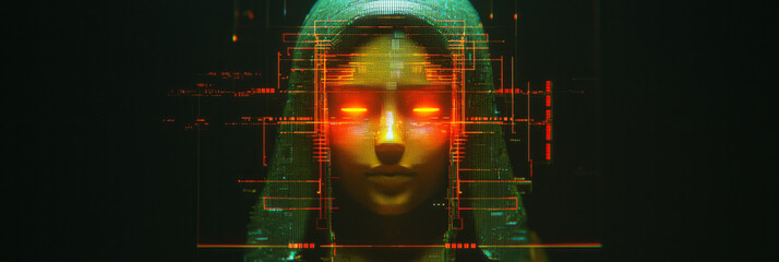 Poster - A glowing face of a digital Egyptian deity flickering with RGB glitches and circuit-like