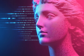 Poster - A neon-lit Egyptian goddess statue dissolving into flowing code and glitch lines, emerging from a