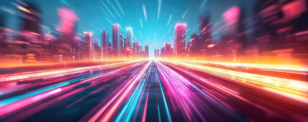 Poster - Motion blur city with futuristic skyline and digital technology concept. Vibrant cityscape with dynamic light trails and futuristic elements.