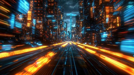 Aufkleber - Motion blur city in a digital future with technology panorama concept. Futuristic cityscape with vibrant lights and motion trails.