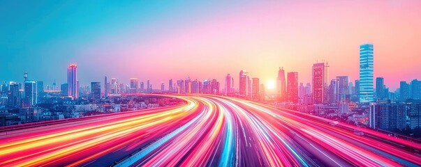Poster - Motion blur city with futuristic skyline and digital technology concept. Dynamic cityscape with vibrant light trails at sunset.