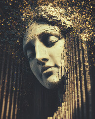 Poster - A conceptual render of a Greek goddess statue face caught mid-glitch, emerging from a warped