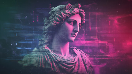 Aufkleber - A fragmented goddess statue rendered in luminous textures, glitching through data waves and grid