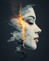 Aufkleber - A modern goddess face sculpted in digital stone, breaking through a black grid with shimmering
