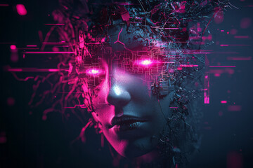 Aufkleber - A cyber-mythic bust of a goddess flickering with data noise, surrounded by wireframe structures and