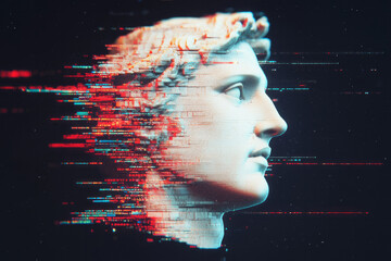 Aufkleber - A stylized statue face glowing with holographic light, rising from a black grid space with smooth