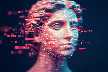 Aufkleber - A cyber-mythic bust of a goddess flickering with data noise, surrounded by wireframe structures and