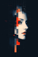 Aufkleber - A surreal goddess face composed of digital fragments and light refractions, glitching into form