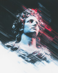 Poster - A stylized bust of Franklin glowing with static interference and colorful glitch noise, floating