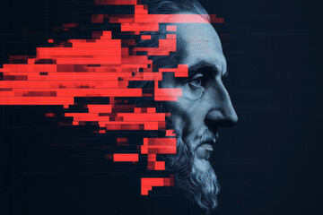 Aufkleber - A dramatic and futuristic depiction of Benjamin Franklinâ€™s digital face glitching into existence
