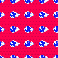 Poster - Blue Location on the globe icon isolated seamless pattern on red background. World or Earth sign. Vector