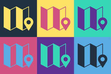 Poster - pop art folded map with location marker icon isolated on color background. vector