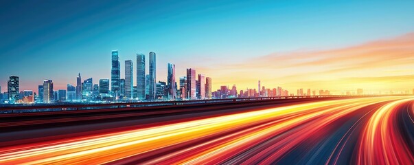 Aufkleber - Motion blur city with futuristic panorama and cyberspace landscape concept. Stunning city skyline at sunset with vibrant light trails.