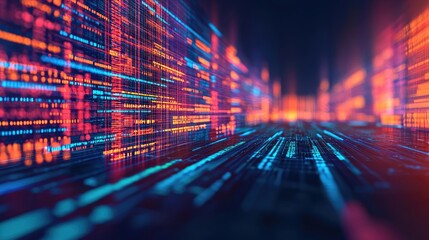 Poster - Motion blur city in a digital future with technology panorama concept. Vibrant digital data streams in vivid colors and dynamic patterns.
