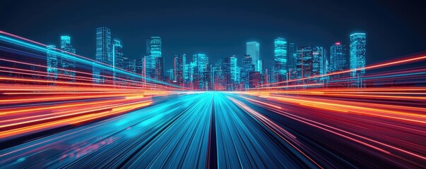 Poster - Motion blur city in a digital future with technology panorama concept. Futuristic city skyline with glowing light trails at night.