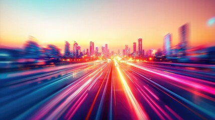 Poster - Motion blur city with futuristic panorama and cyberspace landscape concept. Dynamic cityscape with vibrant light trails at sunset.