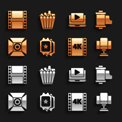 Poster - Set Cinema ticket, Camera vintage film roll cartridge, Director movie chair, 4k movie, tape, frame, Movie spotlight, Online play video, Play Video and Popcorn box icon. Vector