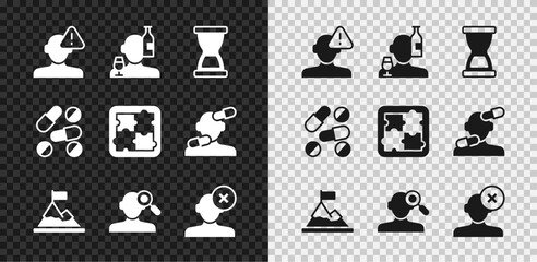 Poster - Set Finding a problem in psychology, Alcoholism, Old hourglass, Mountains with flag on top, Solution, Medicine pill or tablet and icon. Vector