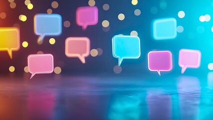 Poster - A collection of glowing speech bubbles with bokeh effect background. The speech bubbles are in various colors and appear to be floating