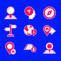 Poster - Set Location on the globe, Toll road traffic, Folded map with location marker, house, Road sign, Compass and icon. Vector