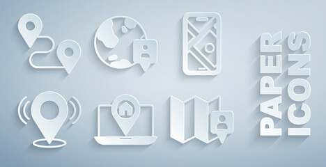 Fototapete - Set City map navigation, Map pin, Folded with location marker, Location the globe and Route icon. Vector