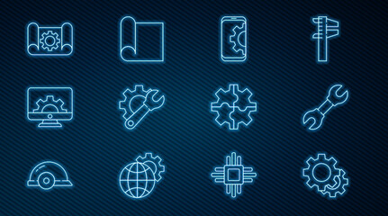 Aufkleber - Set line Gear, Wrench spanner, Setting on smartphone, and gear, Computer monitor, Graphing paper, and for engineering icon. Vector