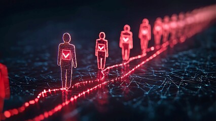 Poster - A line of silhouetted figures illuminated in red, following a glowing path, with check marks on their chests. A visualization of choice, acceptance or maybe even fate.