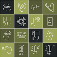 Poster - Set line Meteorology thermometer, High human body temperature, Celsius, Digital, Sun, Medical and Thermometer with snowflake icon. Vector