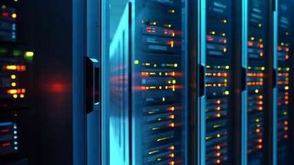 Poster - Data center filled with servers illuminated by blue and orange lights during evening operations