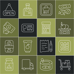 Poster - Set line Hand truck and boxes, QR code, Electronic scales for product, Buy button, Identification badge, POS terminal, Hanging sign with Open and Commercial refrigerator icon. Vector