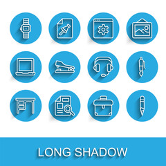 Poster - Set line Office desk, Document with graph chart, Wrist watch, Briefcase, Pencil, Stapler, Fountain pen nib and Headphones icon. Vector