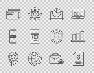 Aufkleber - Set line Medal with star, Contract money, Laptop graph chart, Globe of the Earth and gear, Credit card, Calculator, Briefcase and Pie infographic icon. Vector