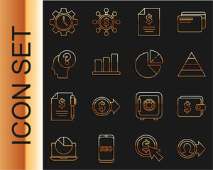 Poster - Set line Job promotion, Wallet with dollar, Pyramid chart infographics, Contract money, Pie, Human head question mark, Time Management and icon. Vector