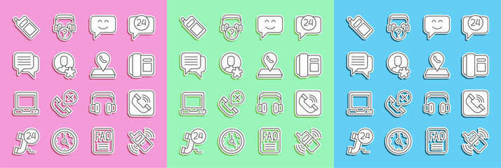 Poster - Set line Mobile phone, Telephone handset, Smile face, Elected employee, Speech bubble chat, and Call center location icon. Vector