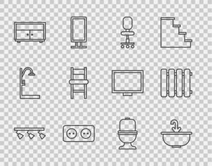 Poster - Set line Led track lights and lamps, Washbasin with water tap, Office chair, Electrical outlet, Chest of drawers, Chair, Toilet bowl and Heating radiator icon. Vector