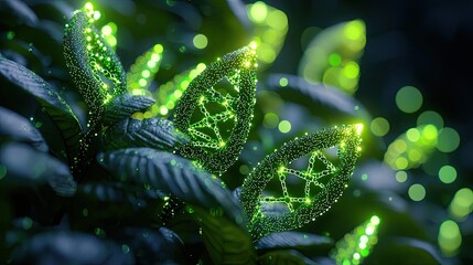 Aufkleber - DNA plants and green biotechnology combination concept. Close-up of shimmering green leaves glowing with vibrant energy.