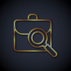 Poster - Gold line Magnifying glass with briefcase icon isolated on black background. Job hunting. Work search concept. Unemployment, head hunting, career. Vector