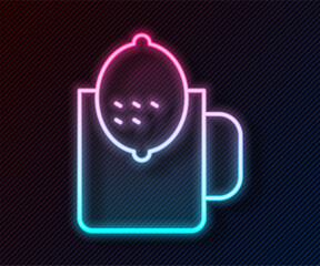 Poster - Glowing neon line Cup of tea with lemon icon isolated on black background. Vector